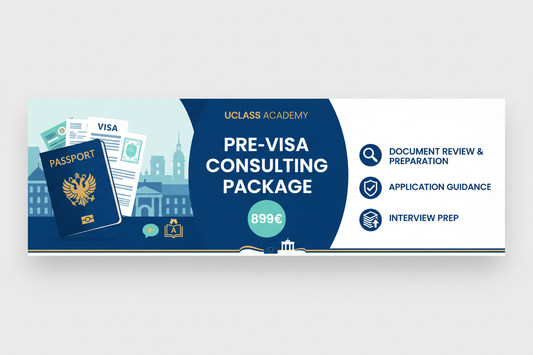 1. Pre-Visa Consulting Package – 899€
(Covers everything until the visa decision)

This package includes:
Language school registration
University conditional admission guidance (if required)
Motivation letter editing & CV preparation
Full document checklist and document review
Completion of visa application forms
Visa appointment guidance & scheduling

(Appointment fees are not included)
This package ends once the visa decision is issued.

UCLASS ACADEMY
